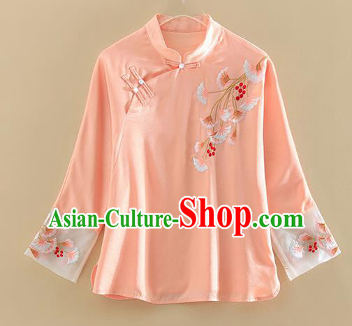 Chinese Traditional Tang Suit Embroidered Ginkgo Leaf Pink Shirt National Costume Qipao Upper Outer Garment for Women