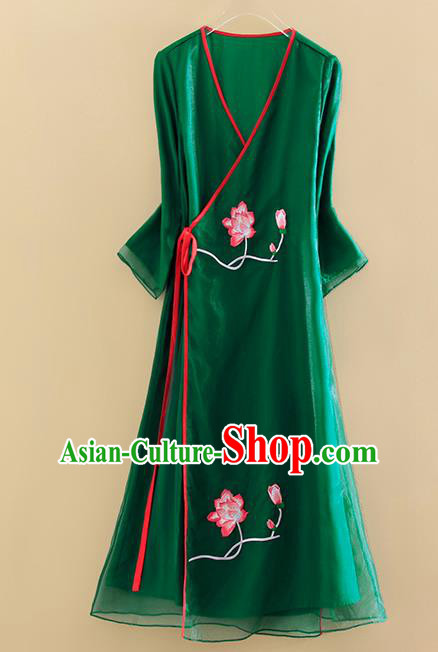 Chinese Traditional Tang Suit Embroidered Lotus Green Organza Cheongsam National Costume Qipao Dress for Women