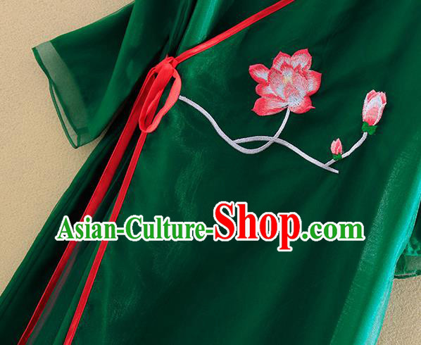 Chinese Traditional Tang Suit Embroidered Lotus Green Organza Cheongsam National Costume Qipao Dress for Women