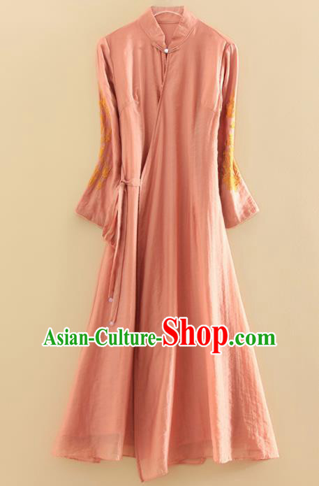 Chinese Traditional Tang Suit Embroidered Pink Linen Cheongsam National Costume Qipao Dress for Women