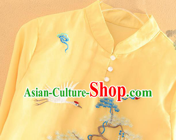 Chinese Traditional Tang Suit Embroidered Crane Pine Plum Yellow Cheongsam National Costume Qipao Dress for Women