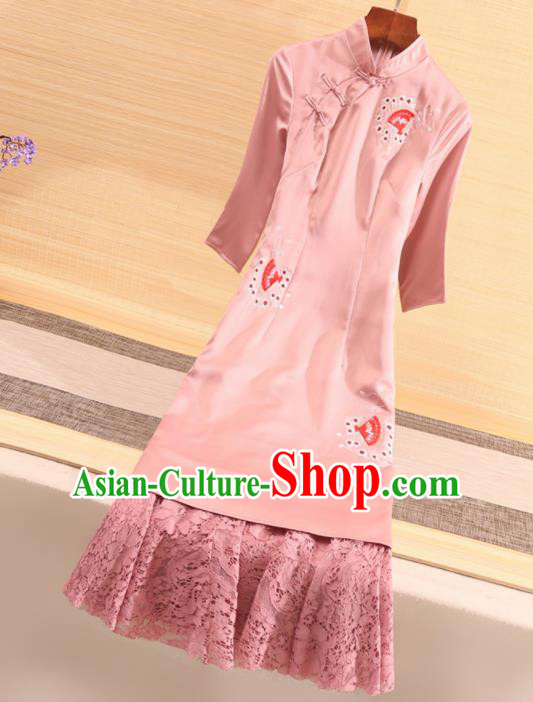 Chinese Traditional Tang Suit Embroidered Pink Lace Cheongsam National Costume Qipao Dress for Women