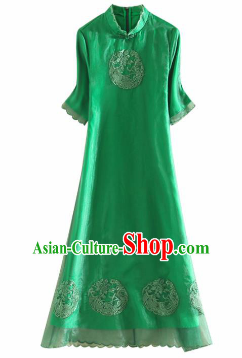 Chinese Traditional Tang Suit Embroidered Phoenix Green Cheongsam National Costume Qipao Dress for Women