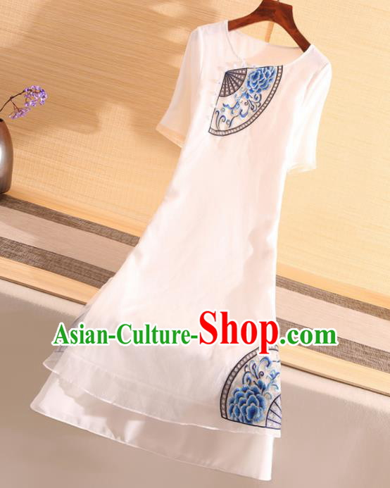 Chinese Traditional Tang Suit Embroidered Peony White Cheongsam National Costume Qipao Dress for Women