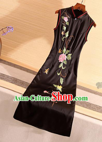 Chinese Traditional Tang Suit Embroidered Peony Black Silk Cheongsam National Costume Qipao Dress for Women