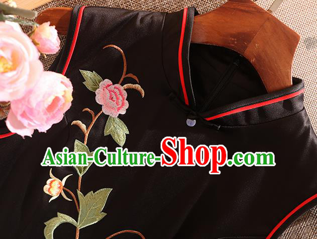 Chinese Traditional Tang Suit Embroidered Peony Black Silk Cheongsam National Costume Qipao Dress for Women