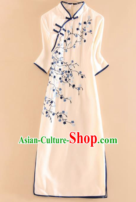 Chinese Traditional Tang Suit Embroidered Plum Beige Cheongsam National Costume Qipao Dress for Women
