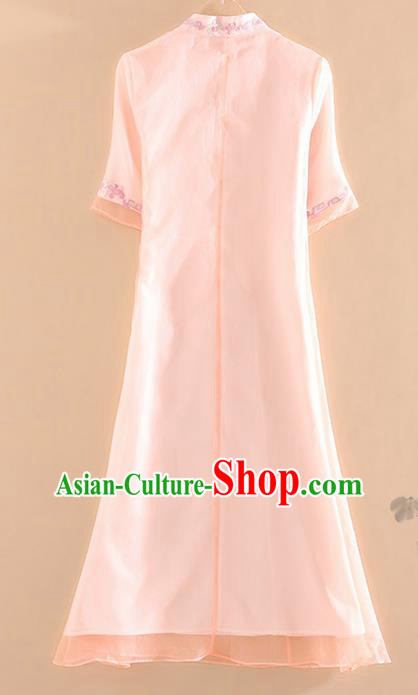 Chinese Traditional Tang Suit Embroidered Light Pink Cheongsam National Costume Qipao Dress for Women