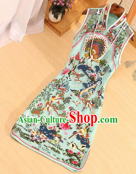 Traditional Chinese National Embroidered Peacock Birds Green Qipao Dress Tang Suit Cheongsam Costume for Women
