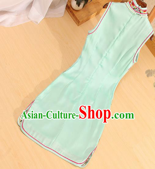 Traditional Chinese National Embroidered Peacock Birds Green Qipao Dress Tang Suit Cheongsam Costume for Women