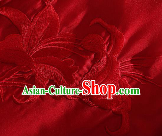 Chinese Traditional Tang Suit Embroidered Lily Flowers Red Organza Cheongsam National Costume Qipao Dress for Women