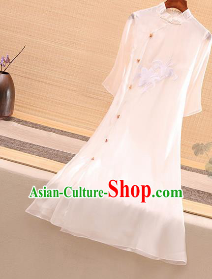 Chinese Traditional Tang Suit Embroidered Lily Flowers White Organza Cheongsam National Costume Qipao Dress for Women