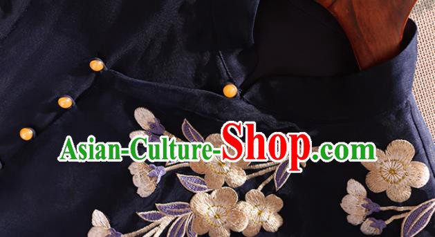 Chinese Traditional Tang Suit Embroidered Navy Organza Cheongsam National Costume Qipao Dress for Women
