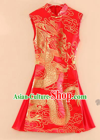 Chinese Traditional Tang Suit Red Brocade Cheongsam National Costume Qipao Dress for Women