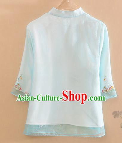 Chinese Traditional Tang Suit Embroidered Blue Organza Blouse National Costume Qipao Upper Outer Garment for Women