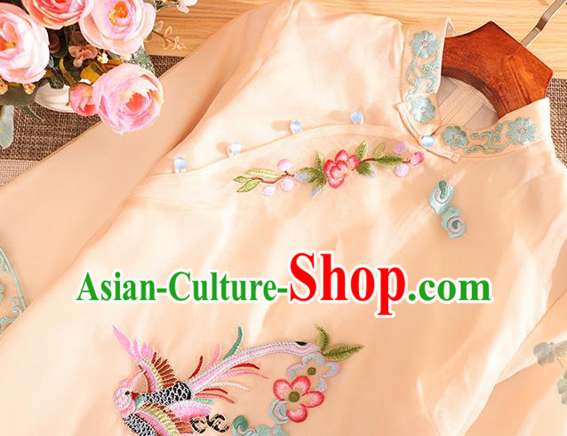 Traditional Chinese Tang Suit Embroidered Phoenix Peony Beige National Costume Qipao Dress for Women
