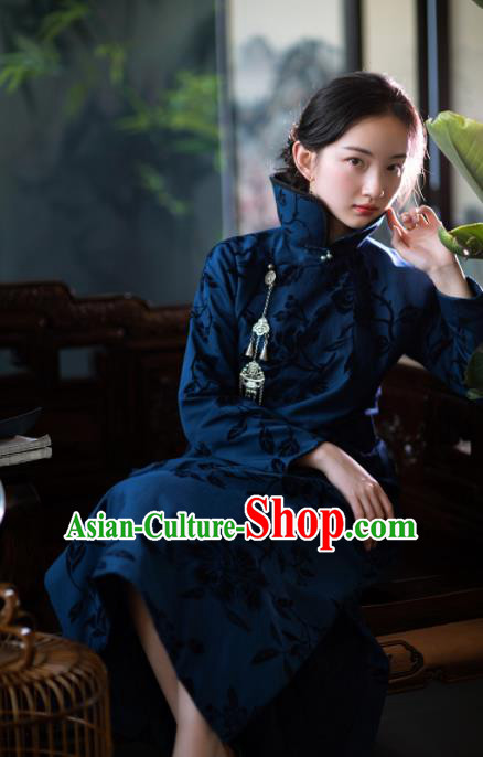 Traditional Chinese National Peacock Blue Qipao Dress Tang Suit Cotton Cheongsam Costume for Women