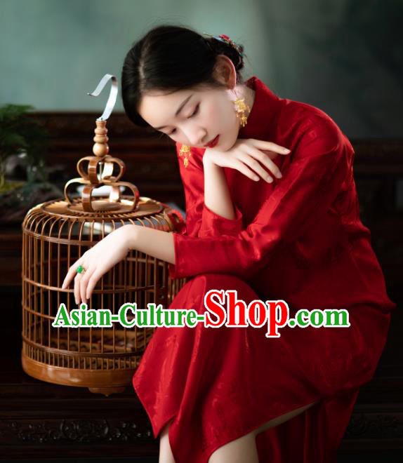 Traditional Chinese National Red Brocade Qipao Dress Tang Suit Cheongsam Costume for Women