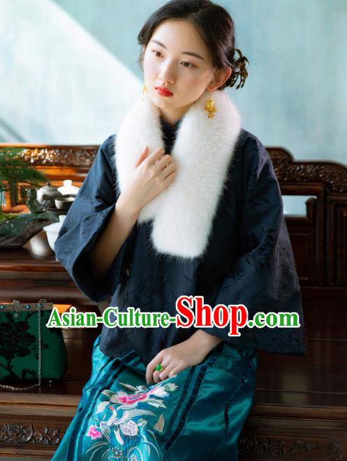 Chinese Traditional Tang Suit Navy Brocade Cotton Padded Jacket National Costume Republic of China Qipao Upper Outer Garment for Women