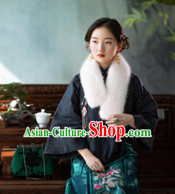 Chinese Traditional Tang Suit Navy Brocade Cotton Padded Jacket National Costume Republic of China Qipao Upper Outer Garment for Women