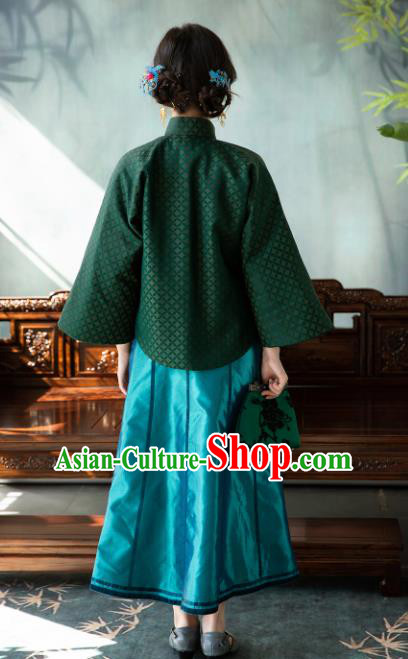 Chinese Traditional Tang Suit Green Silk Jacket National Costume Republic of China Qipao Upper Outer Garment for Women