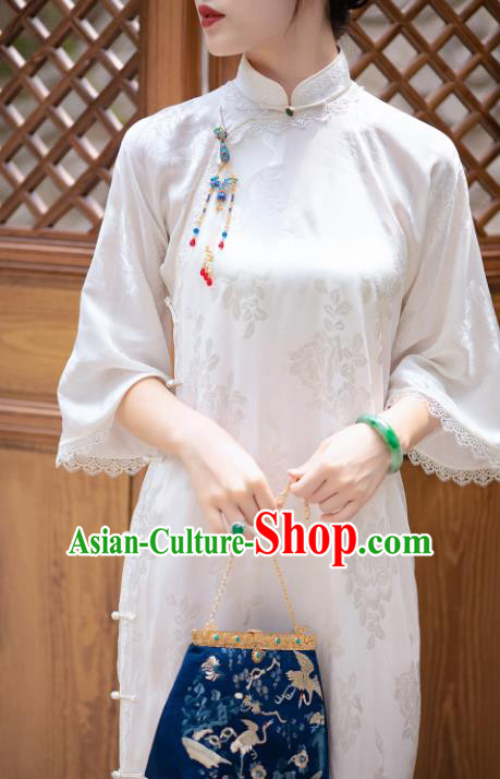 Traditional Chinese National White Silk Qipao Dress Tang Suit Cheongsam Costume for Women