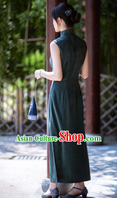 Traditional Chinese National Atrovirens Silk Qipao Dress Tang Suit Cheongsam Costume for Women
