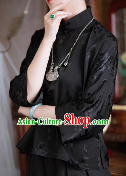 Chinese Traditional Tang Suit Black Blouse National Costume Republic of China Qipao Upper Outer Garment for Women