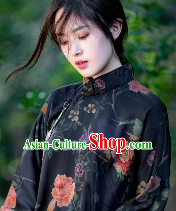 Traditional Chinese National Printing Peony Black Silk Qipao Dress Tang Suit Cheongsam Costume for Women