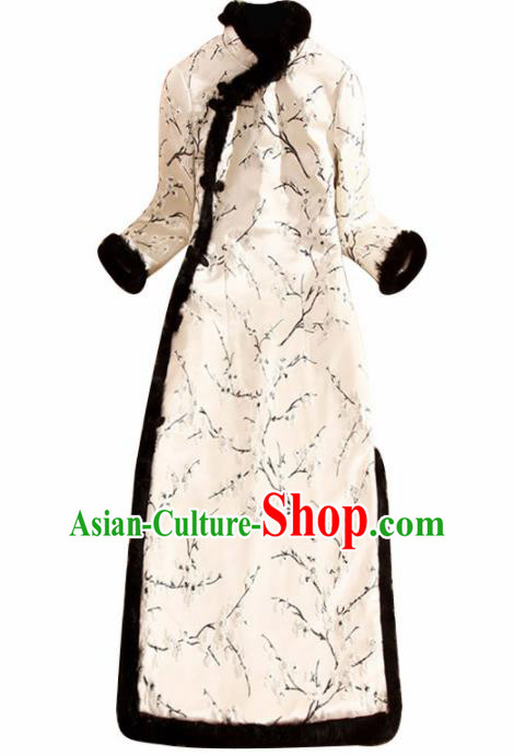 Traditional Chinese National Winter Embroidered Plum White Qipao Dress Tang Suit Cheongsam Costume for Women