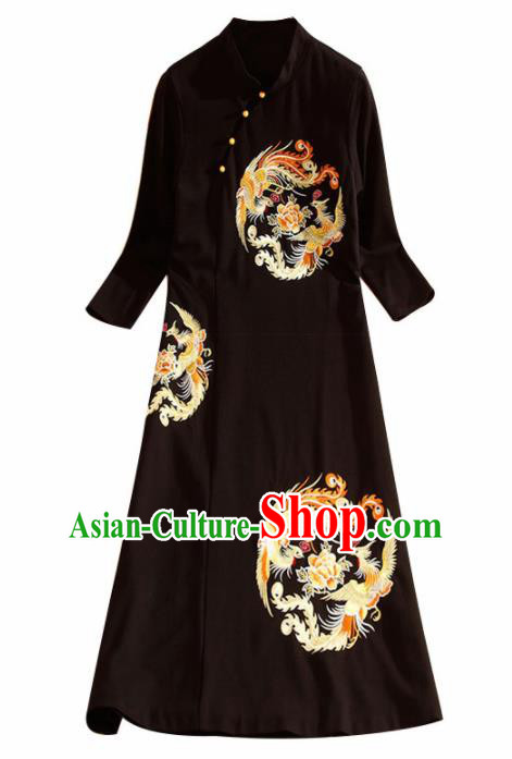 Traditional Chinese National Embroidered Phoenix Peony Black Qipao Dress Tang Suit Cheongsam Costume for Women
