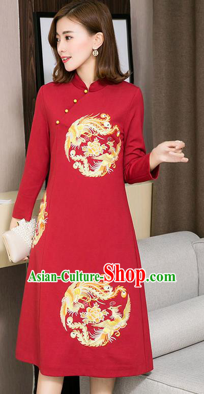 Traditional Chinese National Embroidered Phoenix Peony Red Qipao Dress Tang Suit Cheongsam Costume for Women