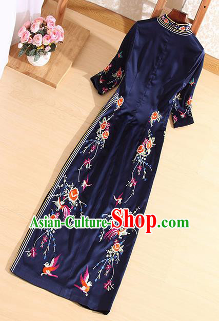 Traditional Chinese National Embroidered Phoenix Navy Qipao Dress Tang Suit Cheongsam Costume for Women