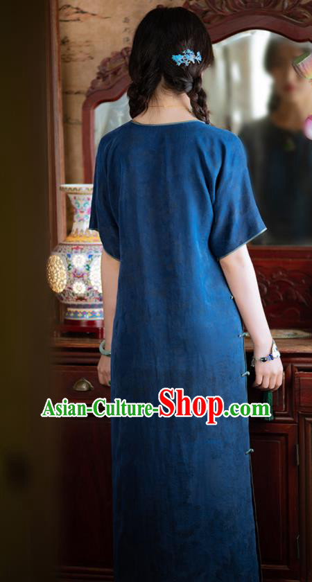 Traditional Chinese National Deep Blue Silk Qipao Dress Tang Suit Cheongsam Costume for Women