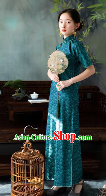 Traditional Chinese National Deep Green Silk Qipao Dress Tang Suit Cheongsam Costume for Women