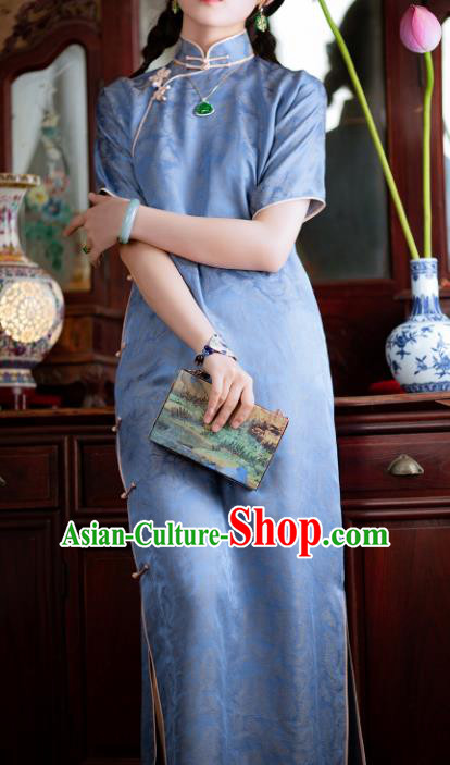 Traditional Chinese National Lake Blue Silk Qipao Dress Tang Suit Cheongsam Costume for Women