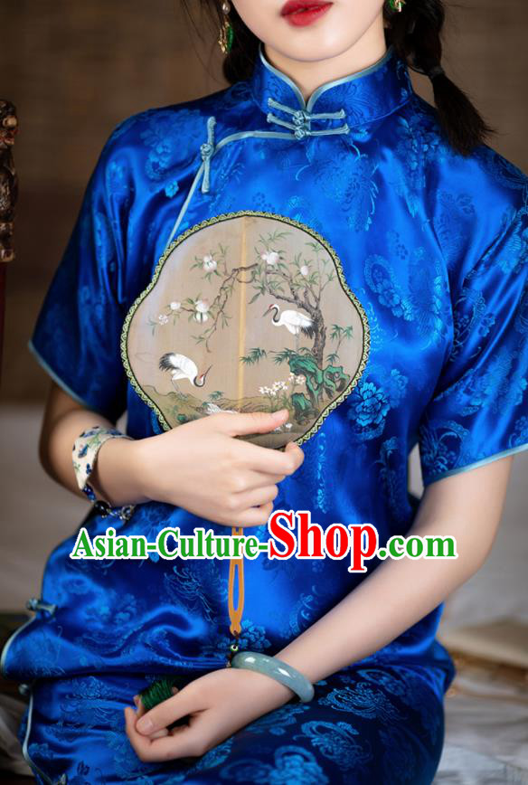 Traditional Chinese National Blue Brocade Qipao Dress Tang Suit Cheongsam Costume for Women