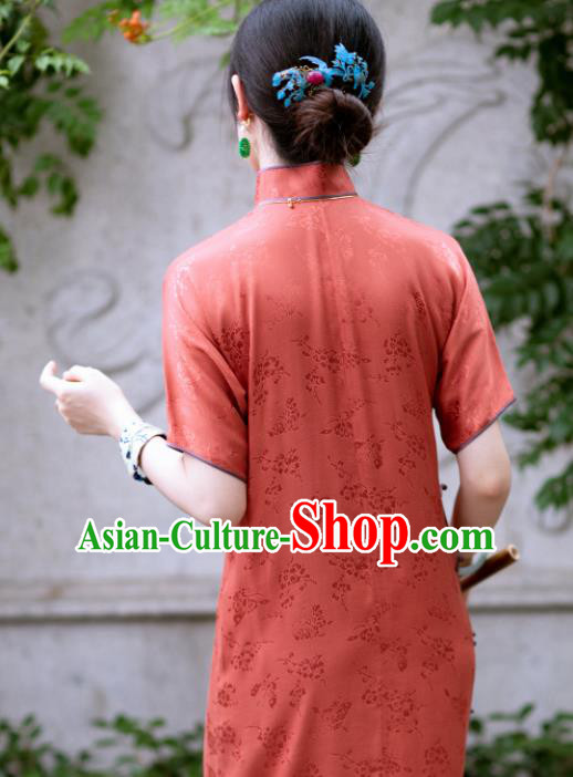 Traditional Chinese Late Qing Dynasty Rust Red Silk Qipao Dress National Tang Suit Cheongsam Costume for Women