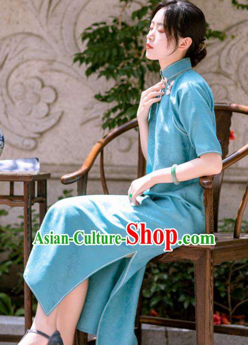 Traditional Chinese Late Qing Dynasty Lake Blue Silk Qipao Dress National Tang Suit Cheongsam Costume for Women