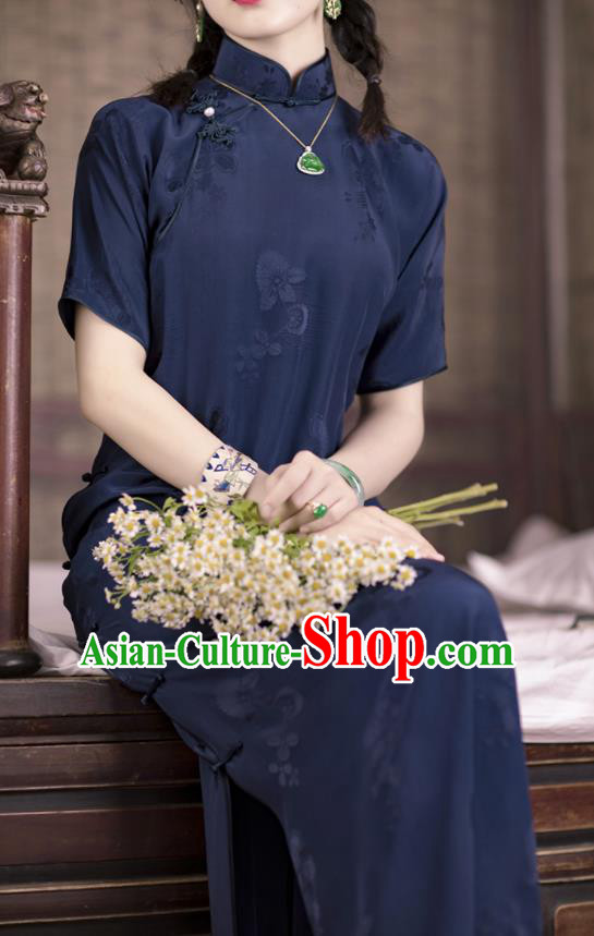 Traditional Chinese National Printing Navy Qipao Dress Tang Suit Cheongsam Costume for Women