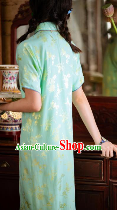 Traditional Chinese National Printing Light Green Silk Qipao Dress Tang Suit Cheongsam Costume for Women