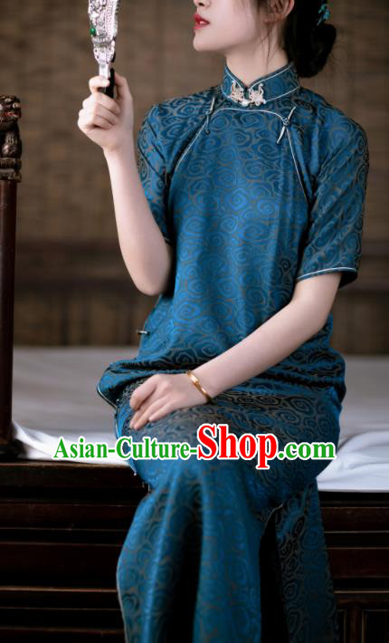 Traditional Chinese Late Qing Dynasty Lake Blue Silk Qipao Dress National Tang Suit Cheongsam Costume for Women