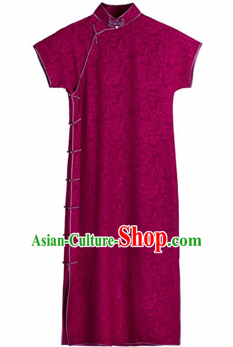 Traditional Chinese Wine Red Silk Qipao Dress National Tang Suit Cheongsam Costume for Women