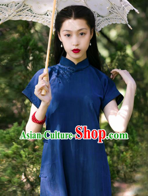 Traditional Chinese Deep Blue Silk Qipao Dress National Tang Suit Cheongsam Costume for Women
