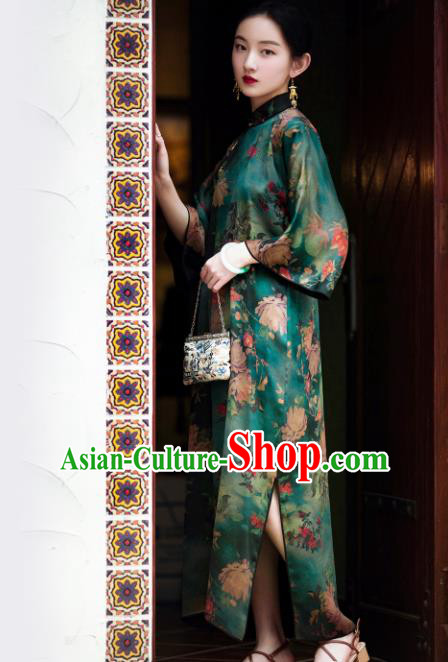 Traditional Chinese Printing Deep Green Silk Qipao Dress National Tang Suit Cheongsam Costume for Women