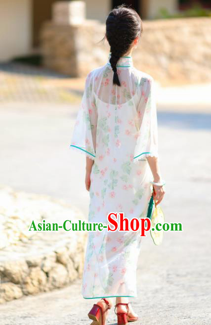 Traditional Chinese Printing White Qipao Dress National Tang Suit Cheongsam Costume for Women