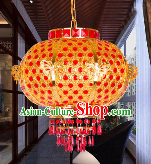 Chinese Traditional New Year Golden Butterfly Round Palace Lantern Handmade Hanging Lantern Asian Ceiling Lanterns Ancient Lamp