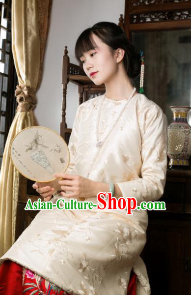Traditional Chinese Winter Beige Silk Qipao Dress National Tang Suit Cheongsam Costume for Women