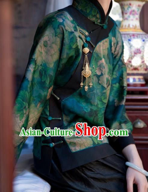 Chinese Traditional Tang Suit Printing Deep Green Silk Shirt National Costume Republic of China Qipao Upper Outer Garment for Women