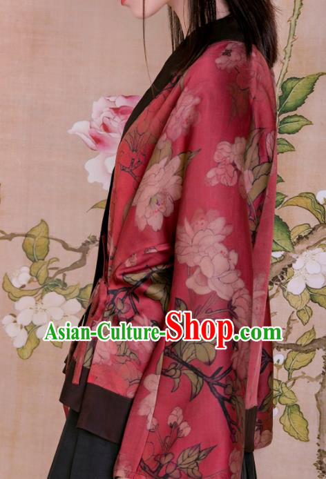 Chinese Traditional Tang Suit Printing Red Silk Shirt National Costume Republic of China Qipao Upper Outer Garment for Women